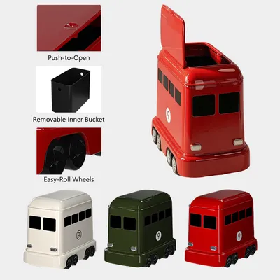 Produktbild von 12L Abfalleimer mit beweglichen,Retro Bus‑Design Mülleimer,geruchdichten Verschluss,abnehmbarer Inneneimer,für Bad,Wohnzimmer,Abfallsammler,rot.