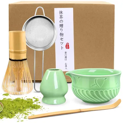 Matcha-Set mit Schale, Löffel, Sieb & Halter, grün