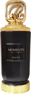A black perfume bottle with gold accents and a gold cap.