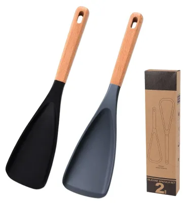 Produktbild von Kochlöffel aus Silikon, 2 Stück, mit Holzgriff, hitzebeständig, zum Kochen und Servieren