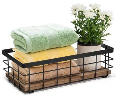 Immagine prodotto di Omgoods - Piccolo cestino in metallo con base in legno, ideale per bagno e cucina