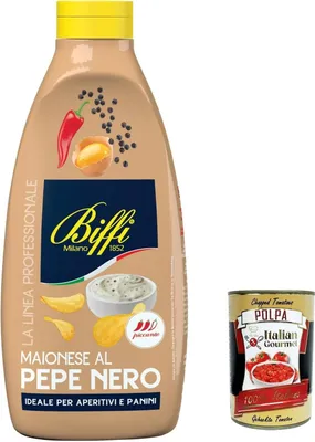 Produktbild von Biffi linea professionale, Maionese al Pepe nero, schwarze Pfeffer mayonnaise mayo maionnaise sauce squeeze 800g + Italian Gourmet polpa 400g