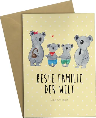 Produktbild von Mr. & Mrs. Panda Glückwunschkarte Koala Familie zwei - Gelb Pastell - Geschenk, glückwunschkarten, einladungskarten, Familienzeit, babykarte, weihnachtskarten, Zusammen