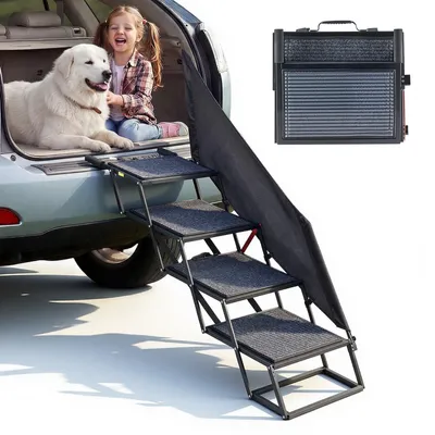 Produktbild von Hunderampe Hundetreppe Auto - 4-stufig Klappbar - Extra Breit Für Große Hunde - Rutschfeste Oberfläche - Einstiegshilfe Für Auto SUV LKW Hochbett Sofa - Tragkraft bis 180 kg