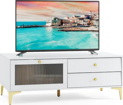 Produktbild von COSTWAY TV-Ständer für 55-Zoll-Geräte, 120 cm langer Konsolenschrank mit Fach, Schubladen, herunterklappbarer Tür aus gehärtetem Glas & Metallbeinen