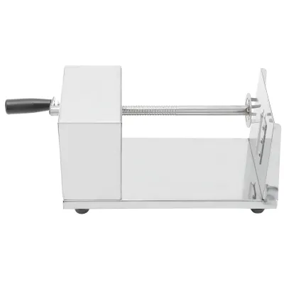 A stainless steel manual potato spiralizer is shown against a white background.