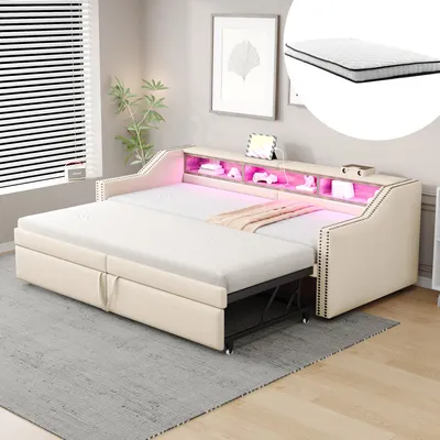 Obrázek produktu pro MODFU Rozkládací pohovka denní postel 90/180x200,čalouněná denní postel dětská postel s multifunkčním úložným prostorem,LED osvětlení a USB port,béžová(se dvěma matracemi)