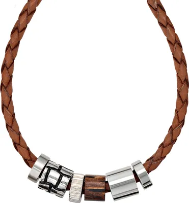 Produktbild von JOBO Collier Leder mit Edelstahl und Holzelement teilmattiert 45 cm Karabiner