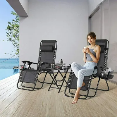 Image de Ensemble de 2 chaises longues - Chaises de jardin - Chaises inclinables réglables - Position zéro gravité - Pliables - Noires