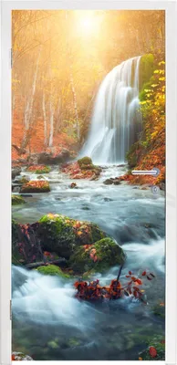 Obrázek produktu pro MuchoWow® Plakát na dveře - Vodopád - Slunce - Podzim - 215x85 cm - Samolepicí fólie na dveře