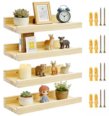 Zdjęcie produktu dla Pływająca półka ścienna, drewniana, 4 sztuki, wymiary 30x12x4 cm, naturalne drewno sosnowe