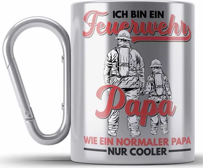 Produktbild von Trendation - Feuerwehr Papa Edelstahl Tasse Karabiner Geschenke Zubehör Lustig Einsatz Geburtstag Spruch Vatertag Feuerwehrmann Geschenkidee (Silber)