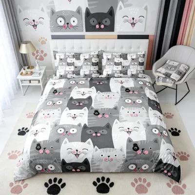 Immagine prodotto di Set di lenzuola con copripiumino a tema gatti, ideale per bambini, composto da 3 pezzi