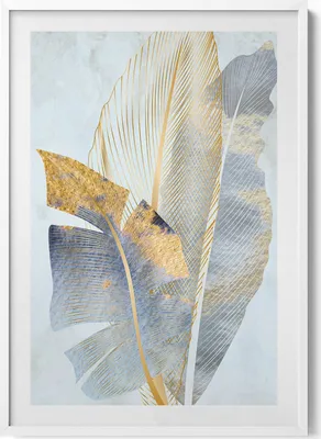 Produktbild von Glamour-Bananenblätter mit Gold– Wandbild mit Rahmen – Gerahmtes Bild  – Wanddekoration – 70x100 cm –  Weiß Rahmen
