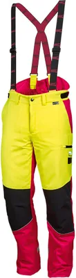 A pair of work pants with suspenders.