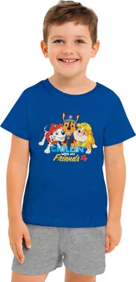 Produktbild von Paw Patrol Schlafanzug für Jungen - Chillin Friends Kinder Pyjama Set Kurzarm Oberteil mit Hose Blau/Grau 122-128