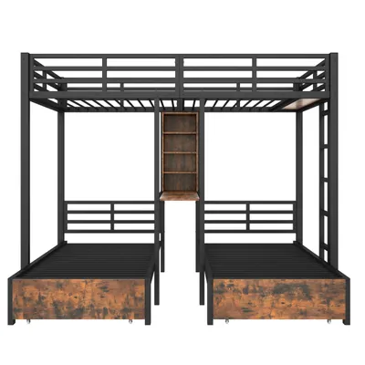 Produktbild von Merax Etagenbett 140x200, 90x200 cm, 3 Betten, mit Stauraumfächern, 2 Schubladen, Eisenbett, Stockbett, Kinderbett, Jugendbett,Schwarz
