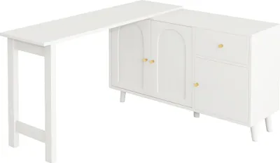 Obrázok produktu pre Multifunkčný stôl a komoda 2 v 1 – otočný o 360°, 3 dvierka, 1 zásuvka – počítačový stôl, rohový stôl, toaletný stolík, písací stôl, biela farba, drevotriesková doska