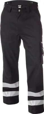A pair of black work pants with reflective stripes on the lower legs, shown against a white background.