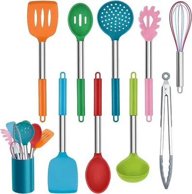 Produktbild von Silikonische Küchenhilfswerkset, 10 Stück, hitzebeständig, rohreisfest, silikonische Küchenutensilien, Küchenutensilien-Set mit Edelstahlgriff, Waschmaschinen- und Geschirrspülergeeignet, bunt