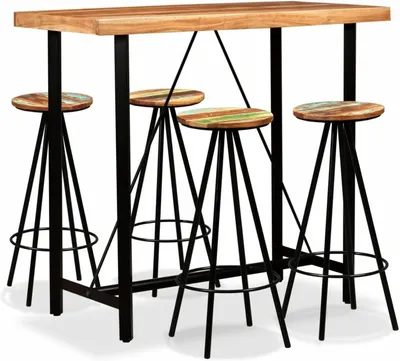 Produktbild von 5-teiliges Bar-Set aus Massivholz, Akazienholz und Altholz – Bartresen, Küchenbar und Küchentisch