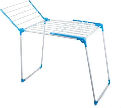 A white and blue foldable drying rack against a white background.