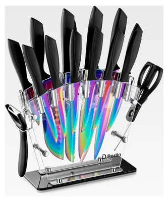 Produktbild von Messerblock, 16-teiliges Messerset, Titanbeschichtung in Regenbogenfarbe, mit Acrylmesserhalter, Edelstahl mit hohem Kohlenstoffgehalt, rostfrei, scharf