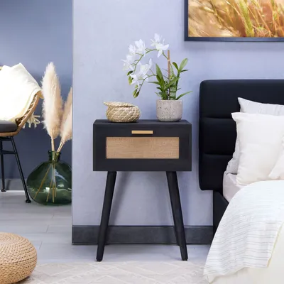 Produktbild von Nachttisch KIRAN in schwarz, Nachtschrank mit 1 Schublade, Nachtkommode imBoho Style und Jute Geflecht, Beistelltisch aus Paulownia Holz