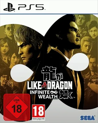 The image is the cover art for the video game 'Like a Dragon: Infinite Wealth' for PlayStation 5. It features characters from the game and includes age rating symbols.