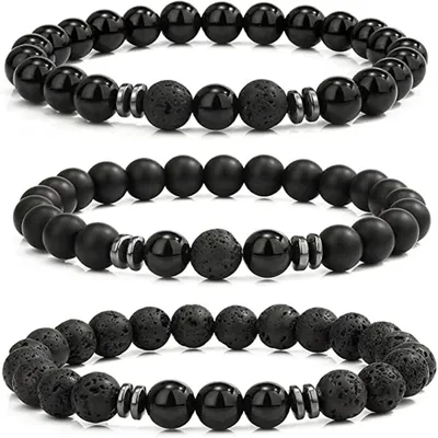 Produktbild von Perlenarmband Set von 3, 8 mm Tigerauge und Lavastein Perlen, Stretcharmband für Herren und Damen, für