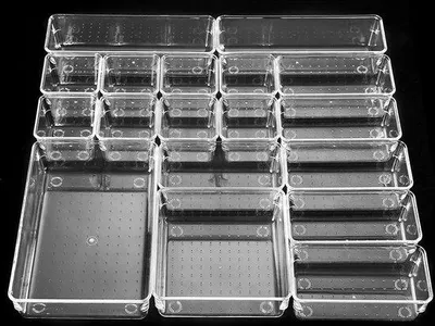 Produktbild von 18 Kunststoff-Ladeinsete für Büro, Make-up-Organizer, Schubladen-Organizer, Opbergsystem, transparente Ladeinsete für Schreibtisch, Küche, Badezimmer