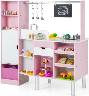 Produktbild von GOPLUS Doppelseitige Kinderküche und Kaufladen, Spielküche mit zahlreichen Spielbereichen & Spielzubehör & Eismacher & Tafel, Spielzeugküche mit Licht und Sound, für Kinder ab 3 Jahren, Weiß + Rosa