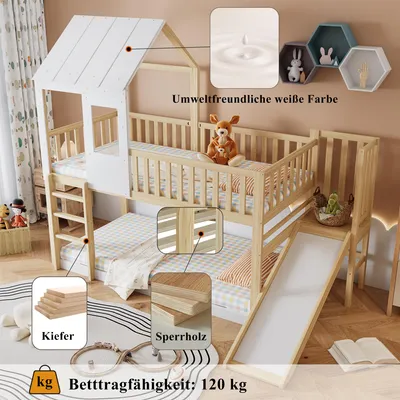 Produktbild von okwish Etagenbett mit rechtwinkliger Leiter und Rutsche, Hausbett mit Dach und Fenster, Kinderbett mit Fallschutz und Gitter, Rahmen aus Kiefer, Natur+Weiß (90x200cm)