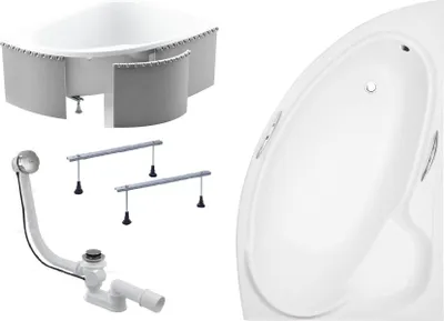 Image de Baignoire d'angle 150x95 droite avec revêtement en polystyrène, écoulement & pieds S | Set complet 4in1 baignoire originale acrylique siphon | BADLAND BIANKA