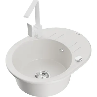 Obrázek produktu pro Mexen Kevin 1-miskový granitový dřez s odkapávačem a kuchyňskou baterií Rita, Bílá - 6517-20-670300-20