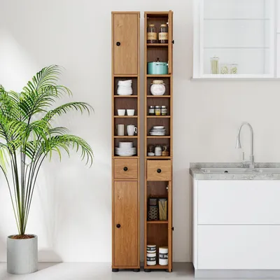 Image de Armoire de salle de bain haute avec tiroir, étagères réglables, finition bois naturel