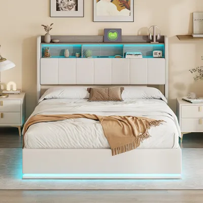 Obrázok produktu pre Postel s čalúnením - dvojlôžko - 160 x 200 cm - LED osvetlenie - úložný priestor s hydraulickým systémom - čalúnená opierka s úložným priestorom - rošt - biela farba