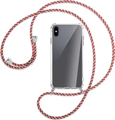 Produktbild von Handykette Backcover-Schutzhülle mit Band (Metall silberfarben) für Apple iPhone XS Max - weinrot/gelb/grau