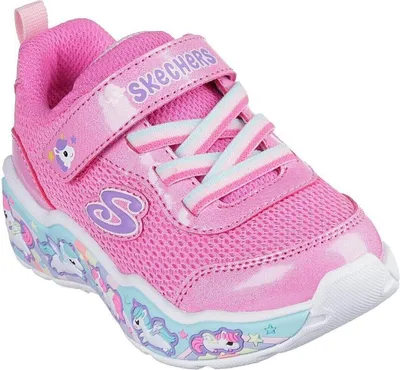 A single pink Skechers sneaker for children, shown from a side-angle against a white background.