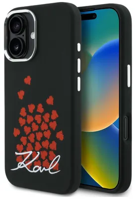 Immagine prodotto di Custodia in silicone a forma di cuore con logo Karl Lagerfeld, compatibile con iPhone 16, colore nero
