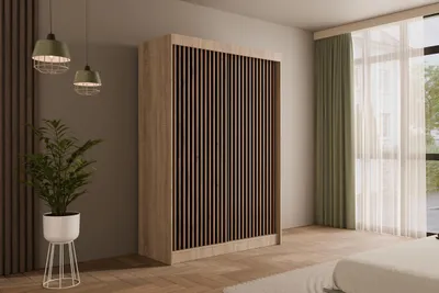 Produktbild von ALTDECOR Kleiderschrank mit Lamel-Schiebetüren, kugelgelagerte Führungsschienen und Aluminium-Leisten - VILANv2 - 150 cm Sonoma Eiche + Lamelle Eiche Wotan