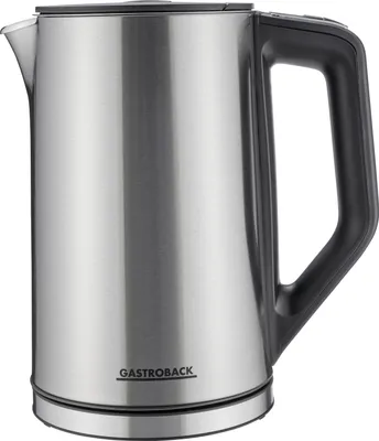 A studio shot of a stainless steel electric kettle with a black handle.