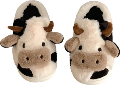 Produktbild von ASKSA Kuh Hausschuhe Uni Cow Slippers Flaumig Pluesch Warme Schuhe Niedliche Cartoon Hauspantoffeln, Schwarz, Groesse: 38-39