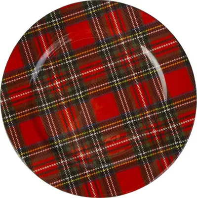 A close-up, top-down view of a round plate with a red, green, and brown plaid pattern.