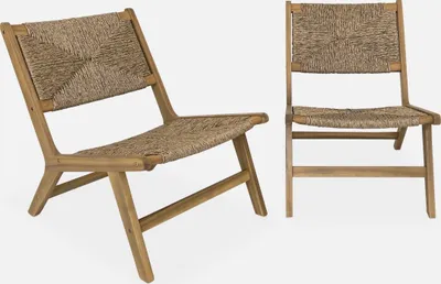 Immagine prodotto di Set 2 poltrone da giardino in legno e resina effetto paglia, Marrone naturale