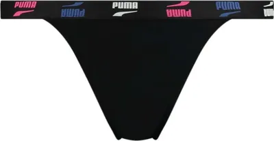 Produktbild von Puma Swim Damen Tanga Brief Black Combo Pink Lila Waistband Wording Print