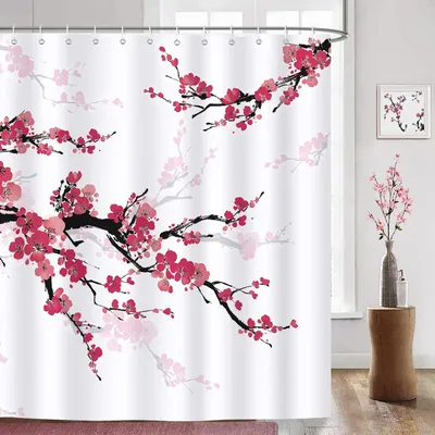 Obrázek produktu pro Sprchový závěs s motivem třešňových květů – voděodolný, odolný proti plísním, 180 x 180 cm, lze prát, s 12 háčky