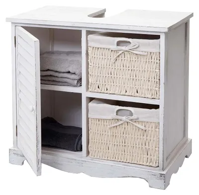 Produktbild von Waschbeckenunterschrank HWC-H20, Badezimmer Waschtisch, Massivholz mit Korb-Schublade 60x65x31cm - Shabby Weiß