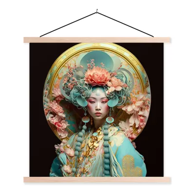 Produktbild von MuchoWow® Textilposter Frau - Blumen - Rosa - Porträt - Asiatisch 40x40 cm mit holzfarbenen Rahmen - Posterleiste