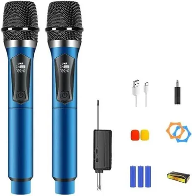 Productafbeelding van Professionele draadloze karaoke-microfoonset - Blauw - Bereik van 60 meter - Oplaadbaar via USB-C - Lange batterijduur - Geschikt voor DJ's, karaoke, bruiloften, kerkdiensten